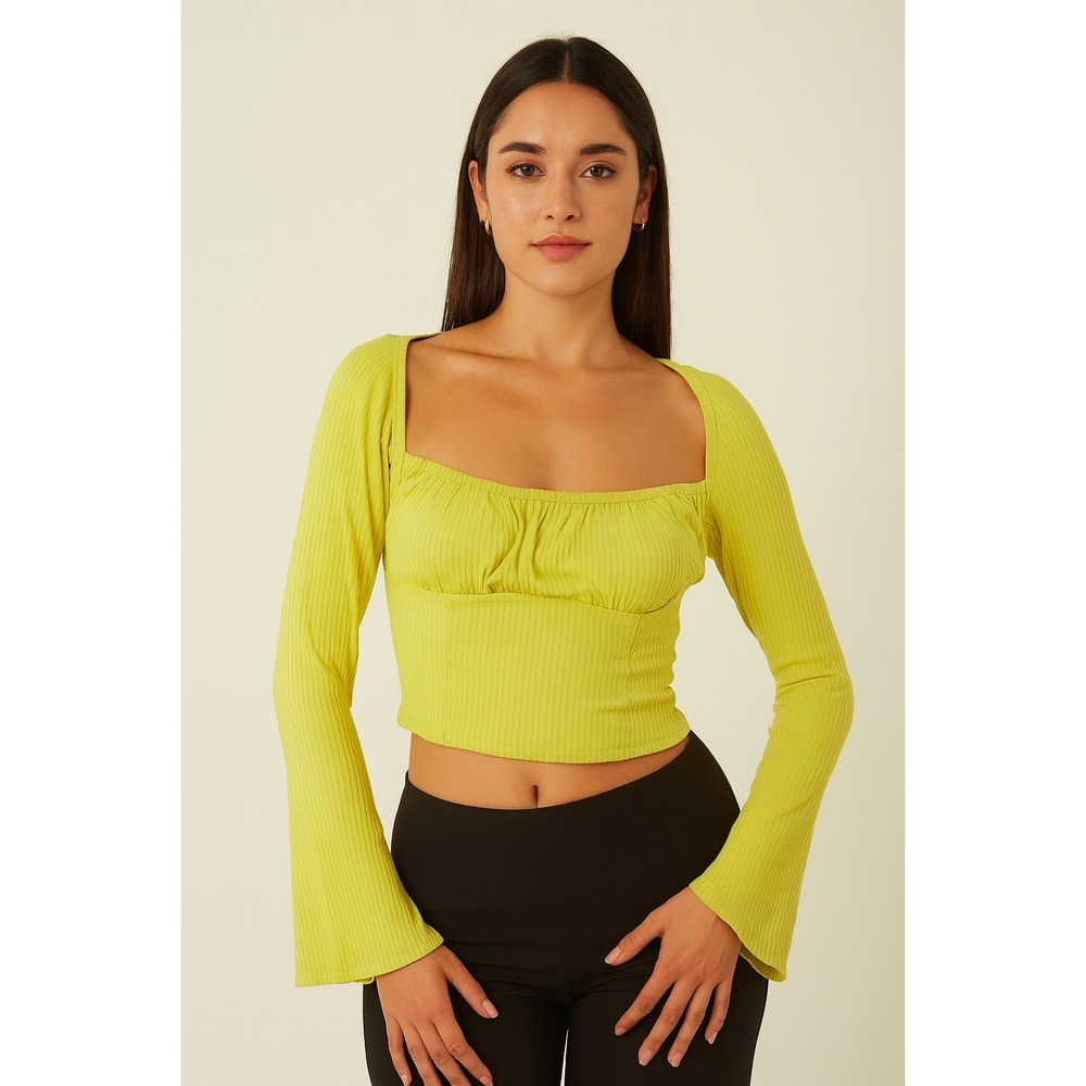 URBAN OUTFITTERS Ribbed‎ Square Neck Bell Sleeve Crop Top Lime Green M
